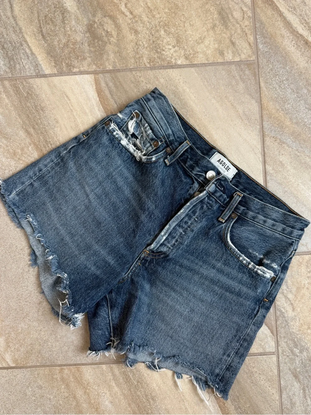 Agolde Dark Blue High-Rise Denim Shorts Reese Cotton